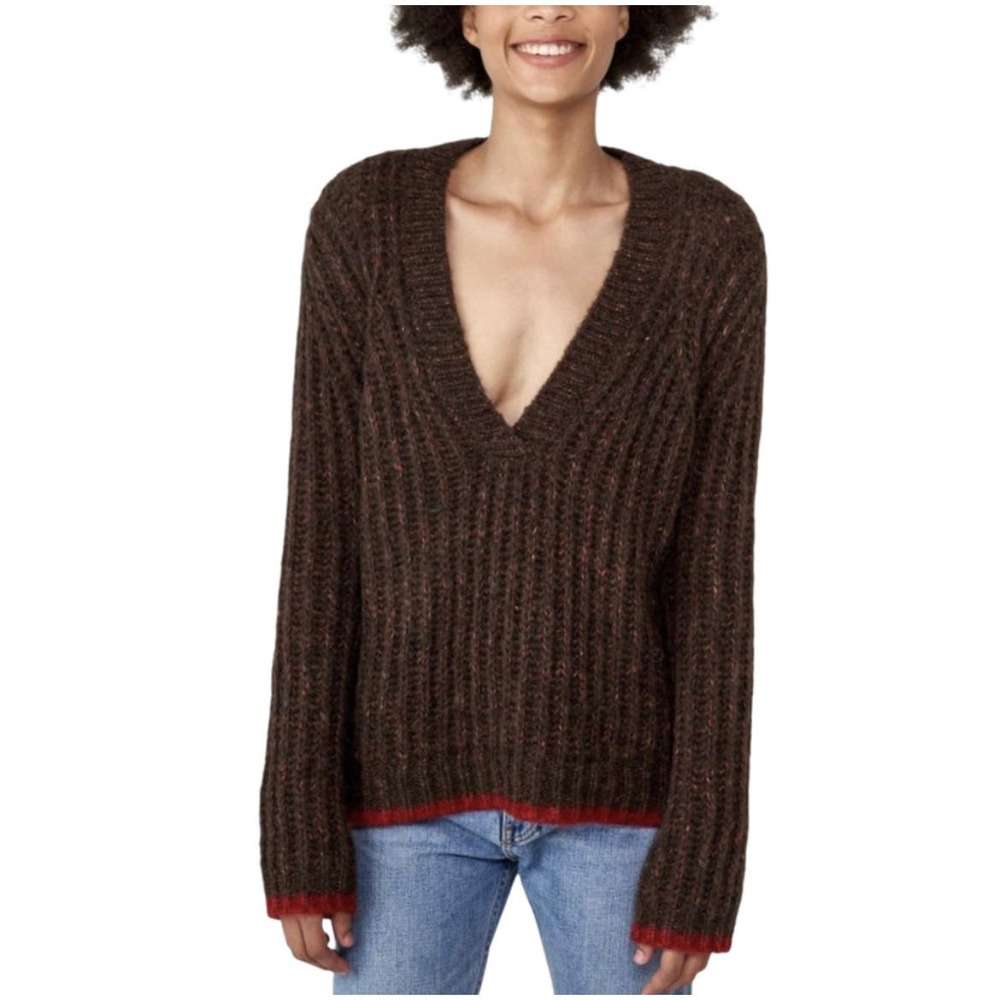 LA LIGNE Brown Sweater Fuzzy Wuzzy Pullover V-Neck Alpaca Cotton Wool Red Trim S - Picture 5 of 12
